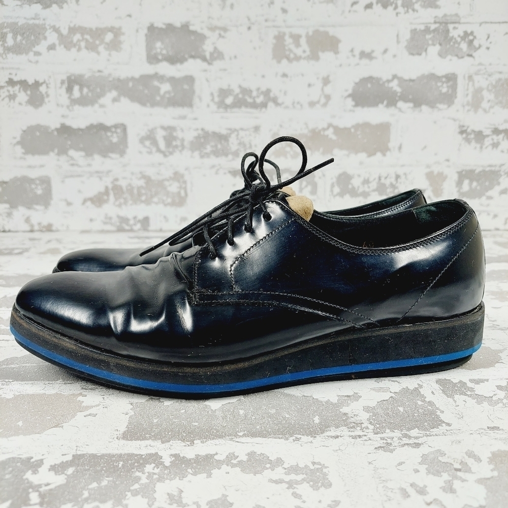 Prada Black Patent Leather Blue Contrast Sole Lace Up Business Dress Shoes O69